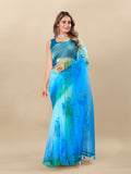 Vedant Vastram Digital Print Organza Party Wear Saree With Unstitched Blouse Piece - Blue