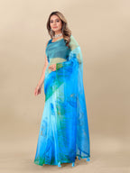 Vedant Vastram Digital Print Organza Party Wear Saree With Unstitched Blouse Piece - Blue