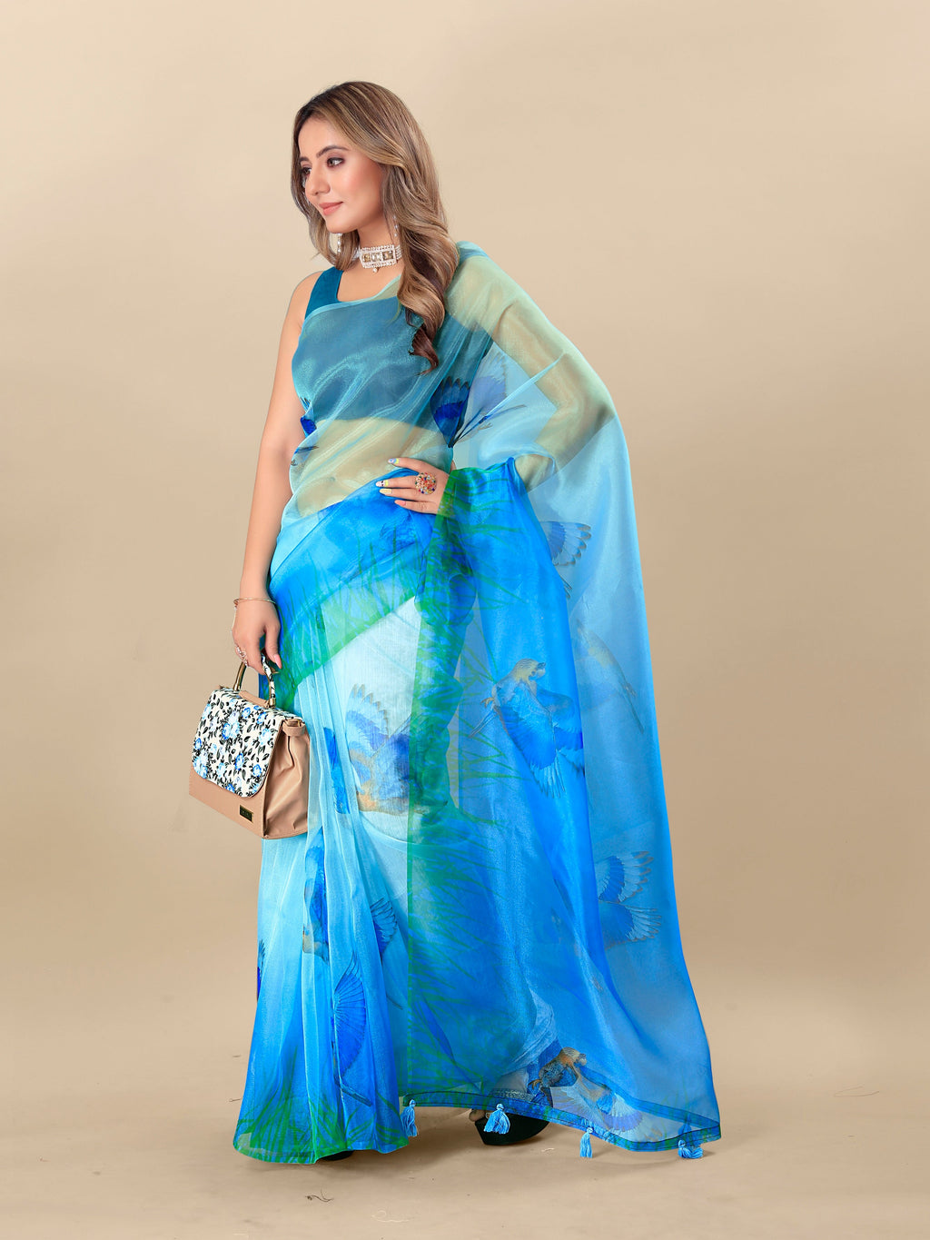 Vedant Vastram Digital Print Organza Party Wear Saree With Unstitched Blouse Piece - Blue