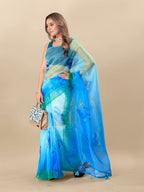 Vedant Vastram Digital Print Organza Party Wear Saree With Unstitched Blouse Piece - Blue