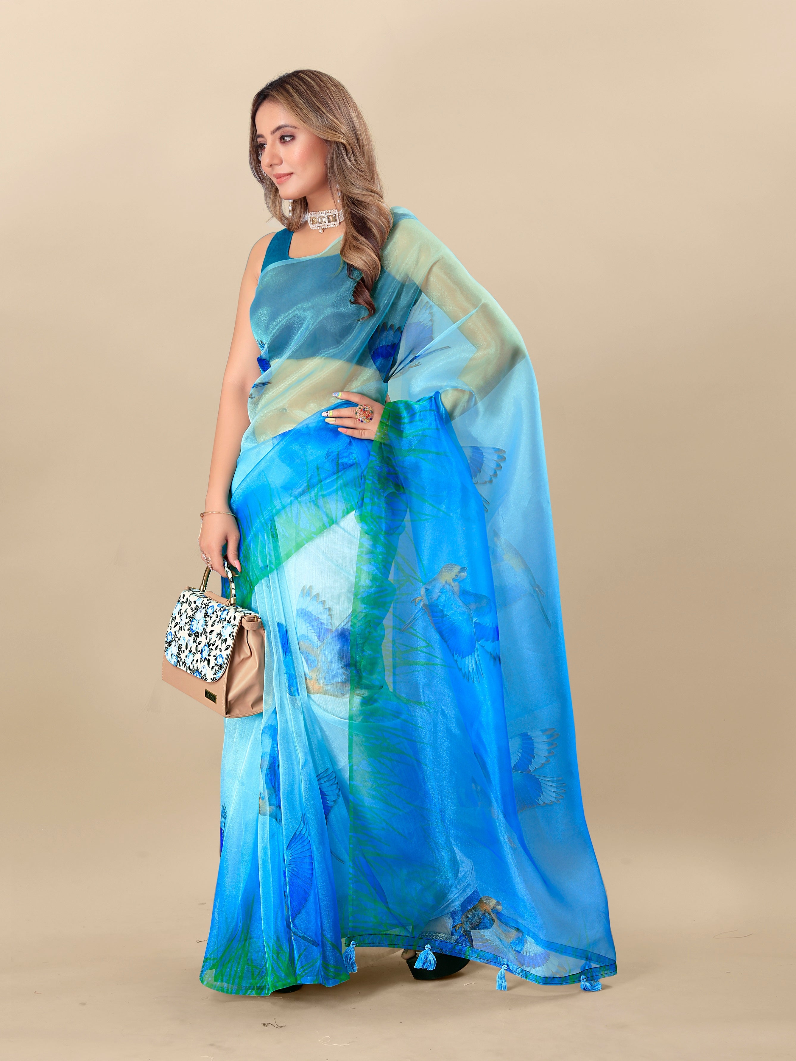 Vedant Vastram Digital Print Organza Party Wear Saree With Unstitched Blouse Piece - Blue