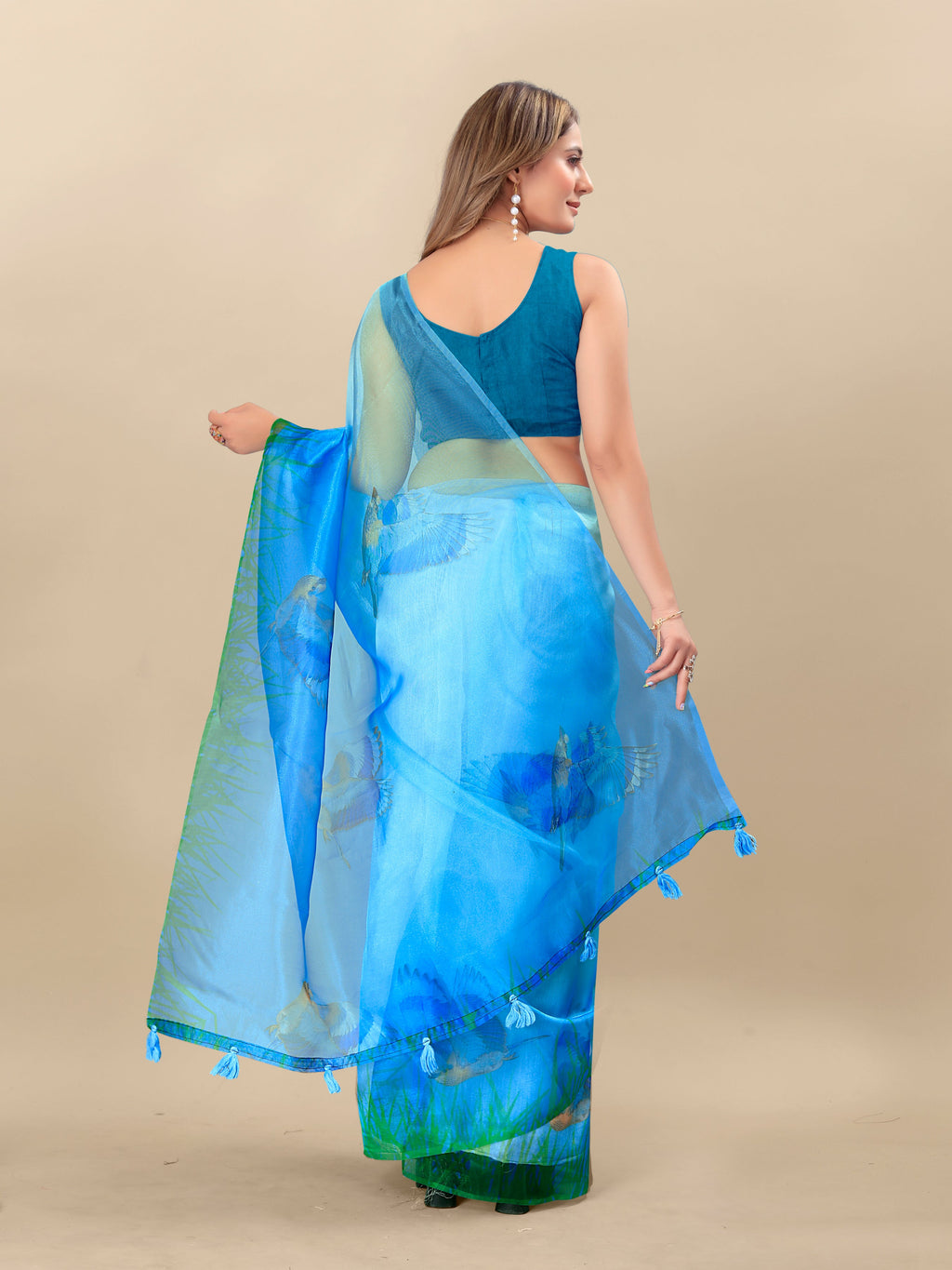 Vedant Vastram Digital Print Organza Party Wear Saree With Unstitched Blouse Piece - Blue