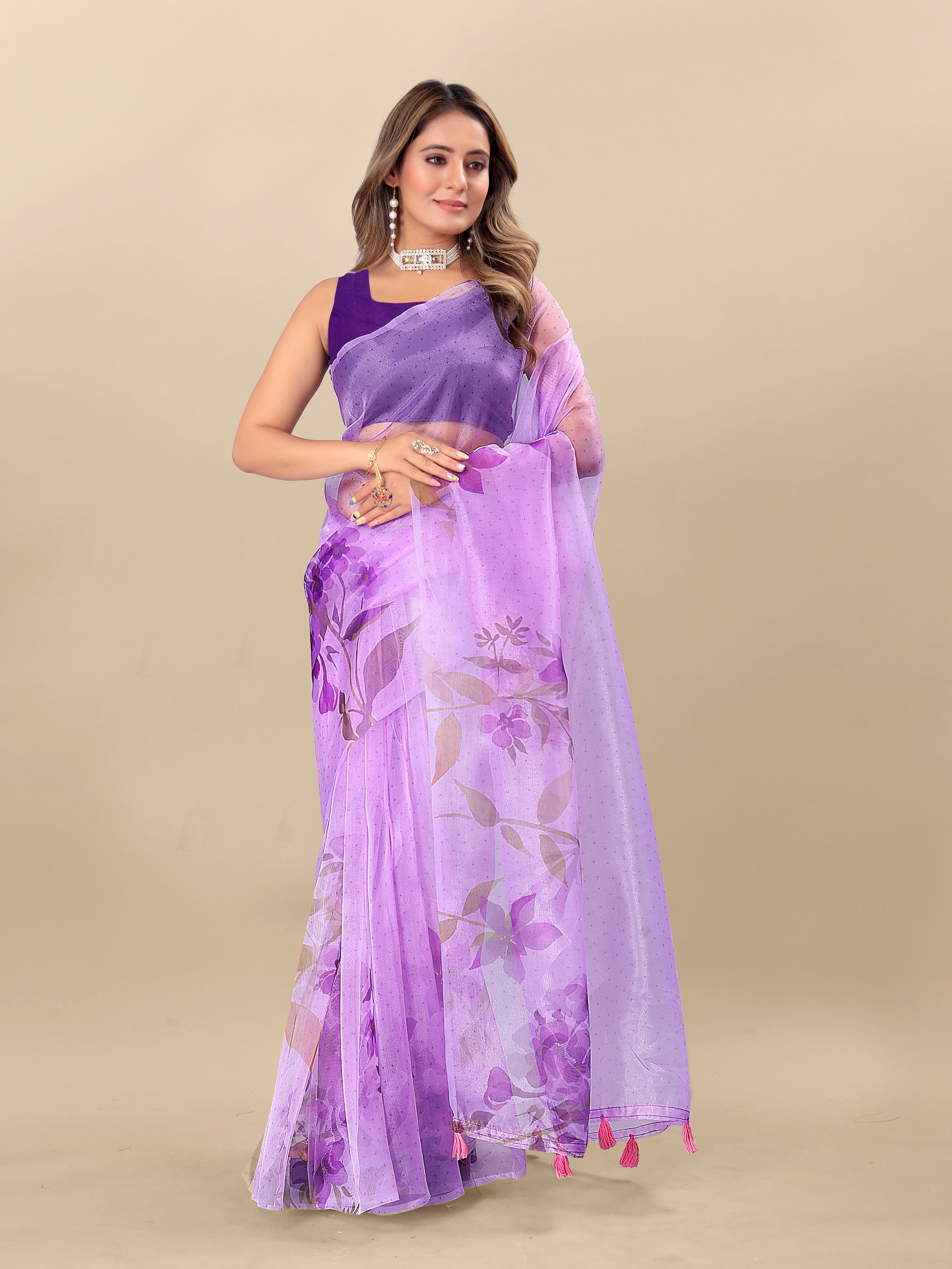 Vedant Vastram Digital Print Organza Party Wear Saree With Unstitched Blouse Piece - Lavender