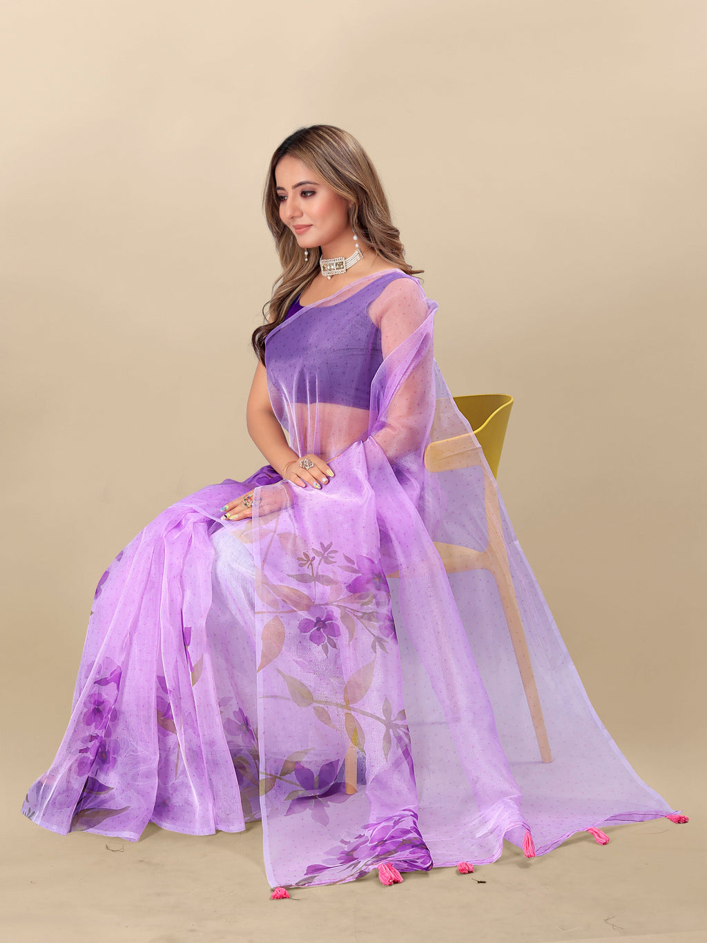 Vedant Vastram Digital Print Organza Party Wear Saree With Unstitched Blouse Piece - Lavender