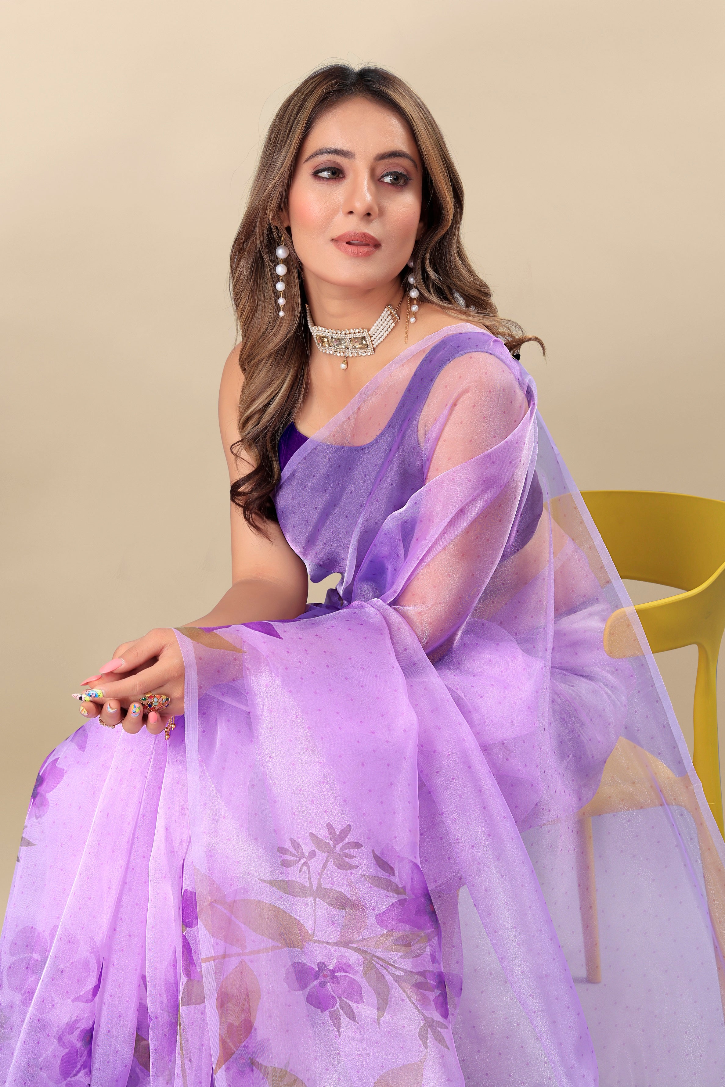 Vedant Vastram Digital Print Organza Party Wear Saree With Unstitched Blouse Piece - Lavender
