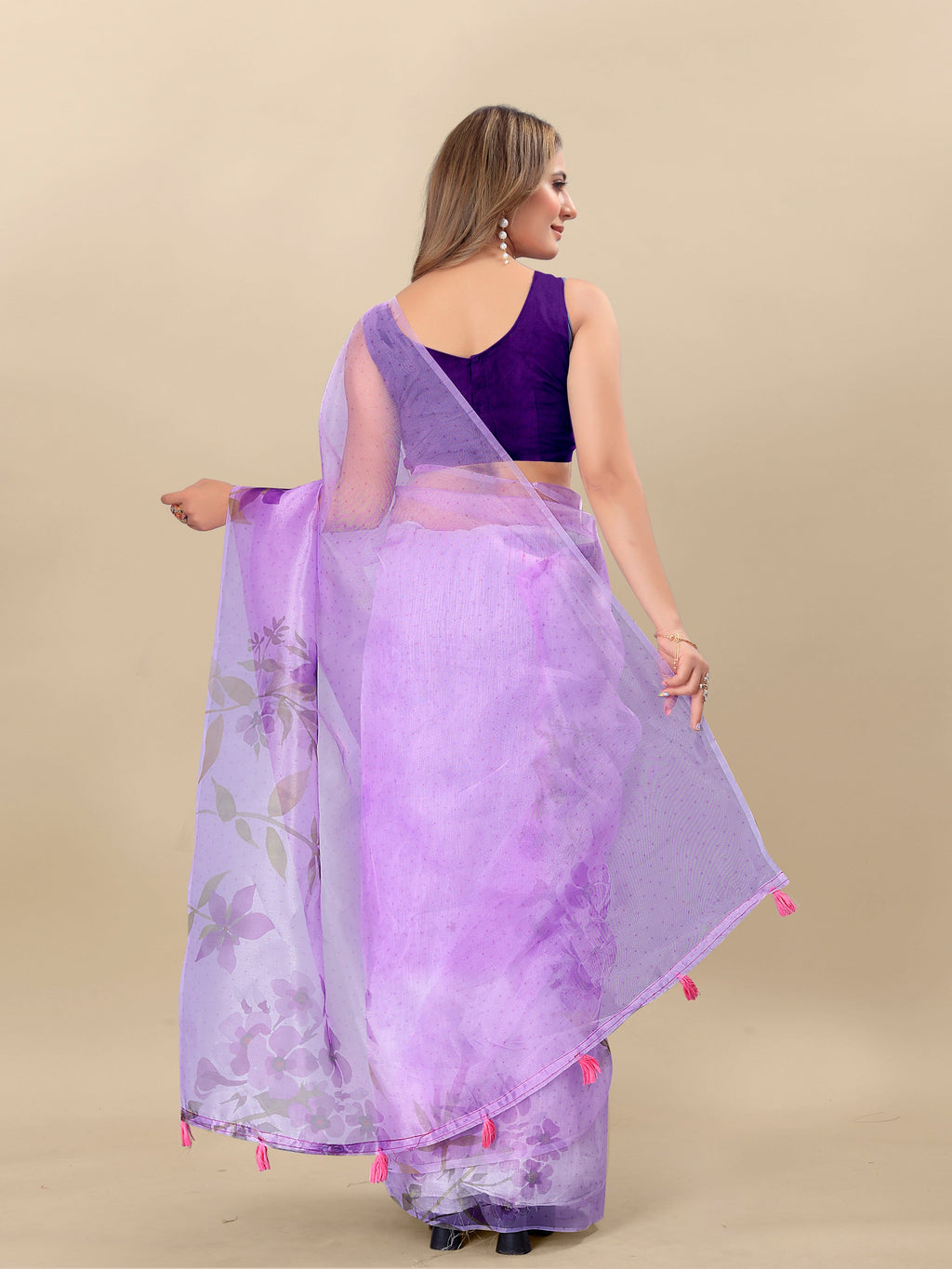 Vedant Vastram Digital Print Organza Party Wear Saree With Unstitched Blouse Piece - Lavender