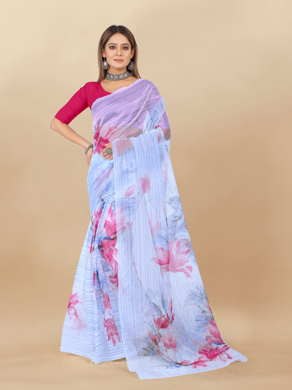 Vedant Vastram Digital Print Organza Party Wear Saree With Unstitched Blouse Piece - Pink