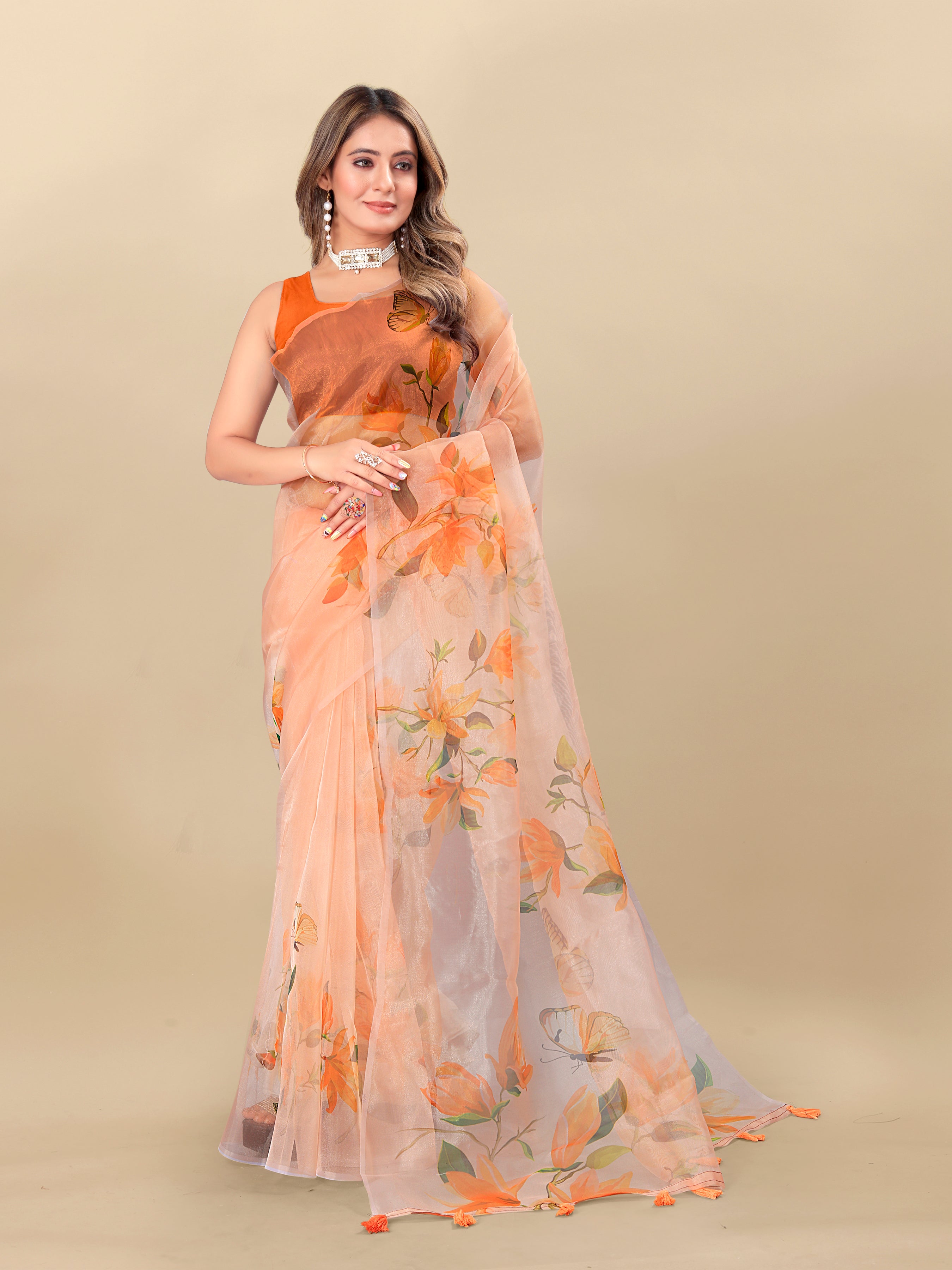 Vedant Vastram Digital Print Organza Party Wear Saree With Unstitched Blouse Piece - Orange
