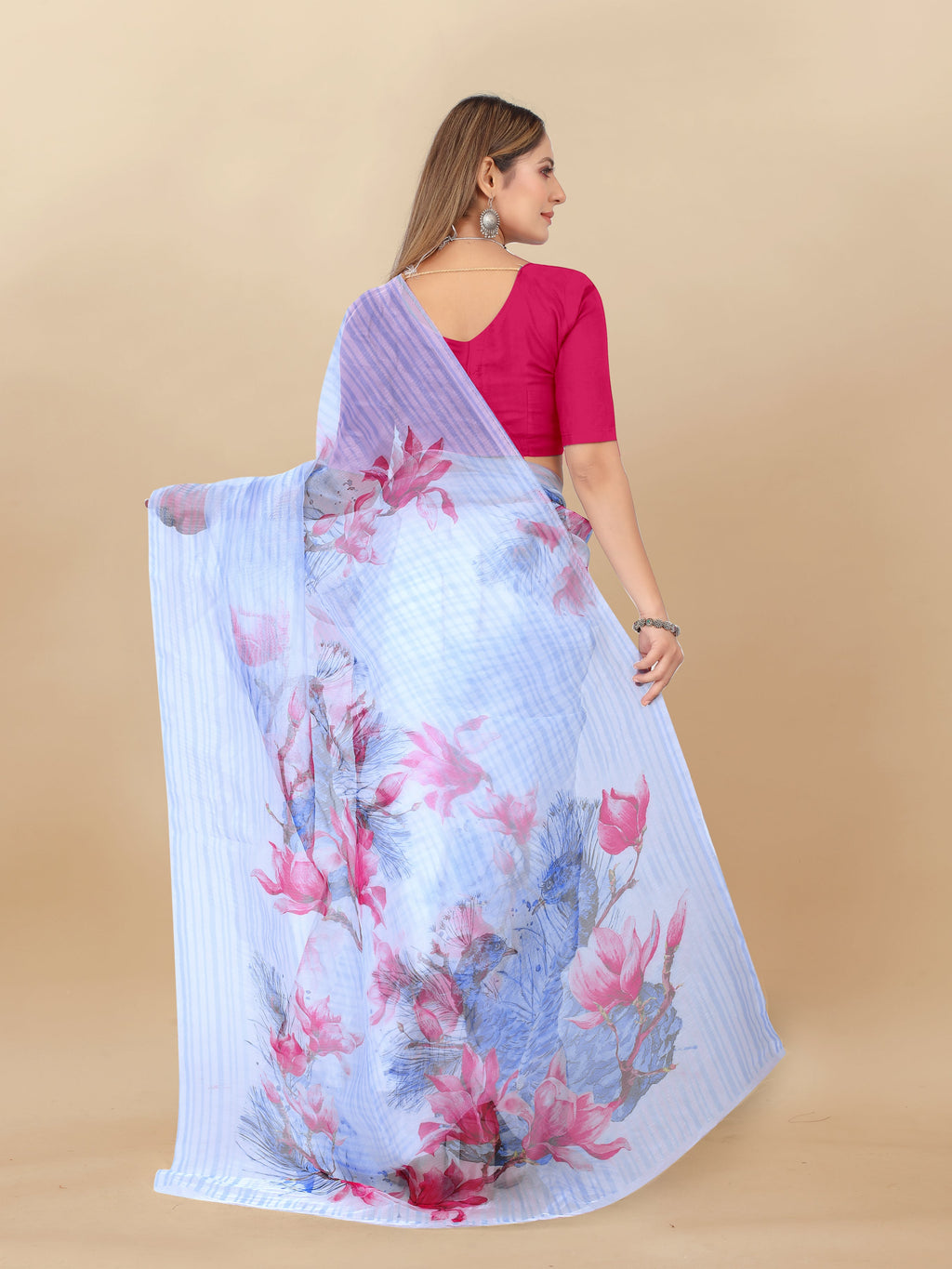 Vedant Vastram Digital Print Organza Party Wear Saree With Unstitched Blouse Piece - Pink