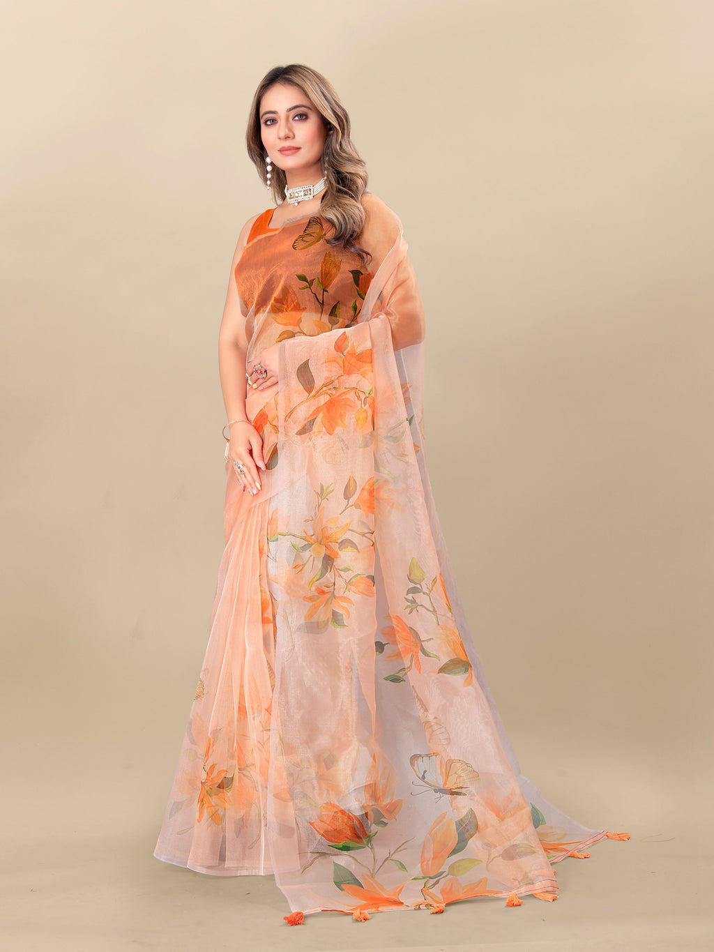 Vedant Vastram Digital Print Organza Party Wear Saree With Unstitched Blouse Piece - Orange