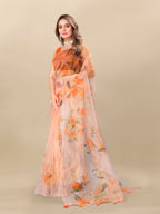 Vedant Vastram Digital Print Organza Party Wear Saree With Unstitched Blouse Piece - Orange