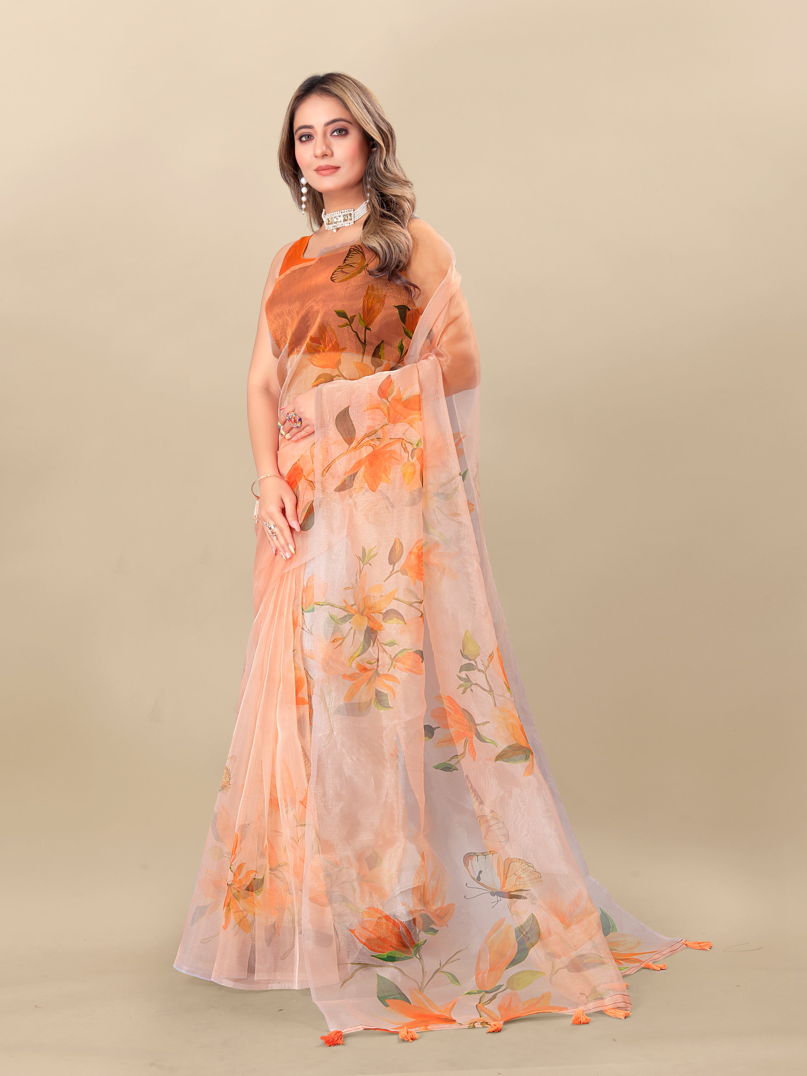 Vedant Vastram Digital Print Organza Party Wear Saree With Unstitched Blouse Piece - Orange