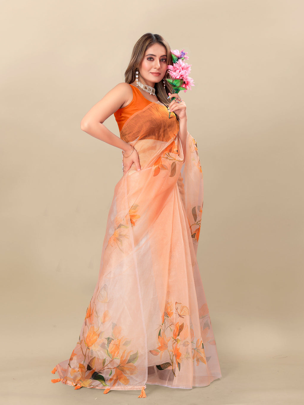 Vedant Vastram Digital Print Organza Party Wear Saree With Unstitched Blouse Piece - Orange