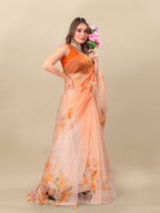 Vedant Vastram Digital Print Organza Party Wear Saree With Unstitched Blouse Piece - Orange