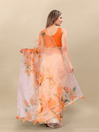 Vedant Vastram Digital Print Organza Party Wear Saree With Unstitched Blouse Piece - Orange