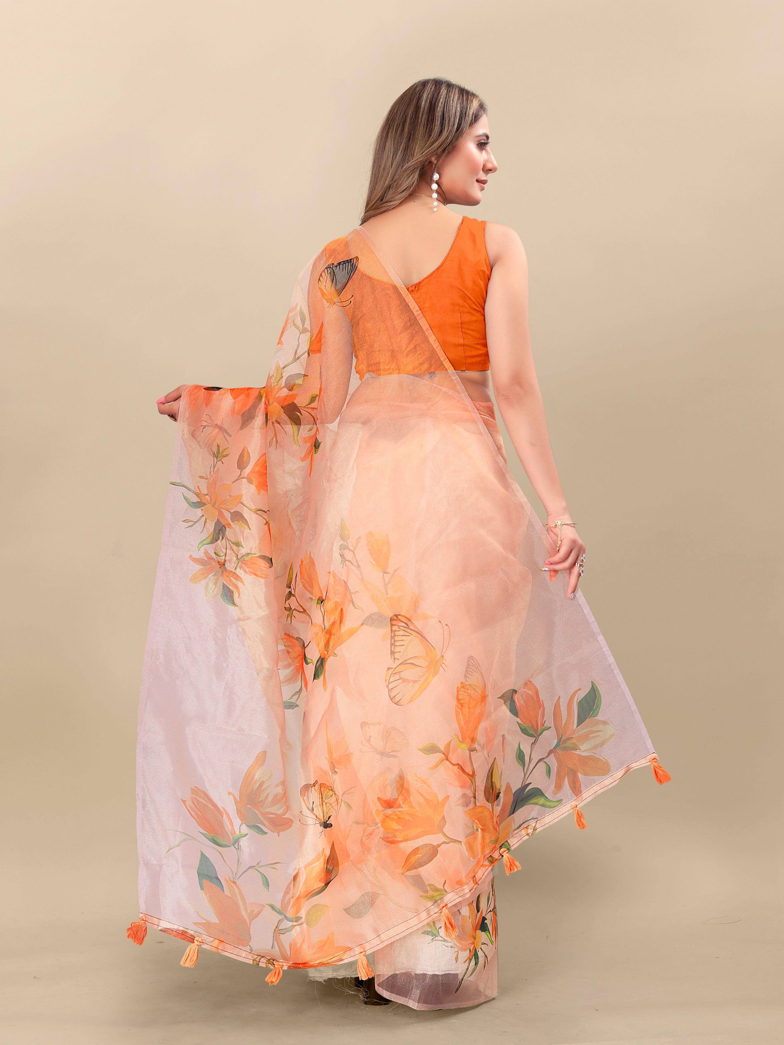 Vedant Vastram Digital Print Organza Party Wear Saree With Unstitched Blouse Piece - Orange
