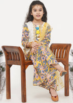 Little Bansi Girls Cotton Embroidery Kurta with Floral Sharara & Dupatta - White & Yellow