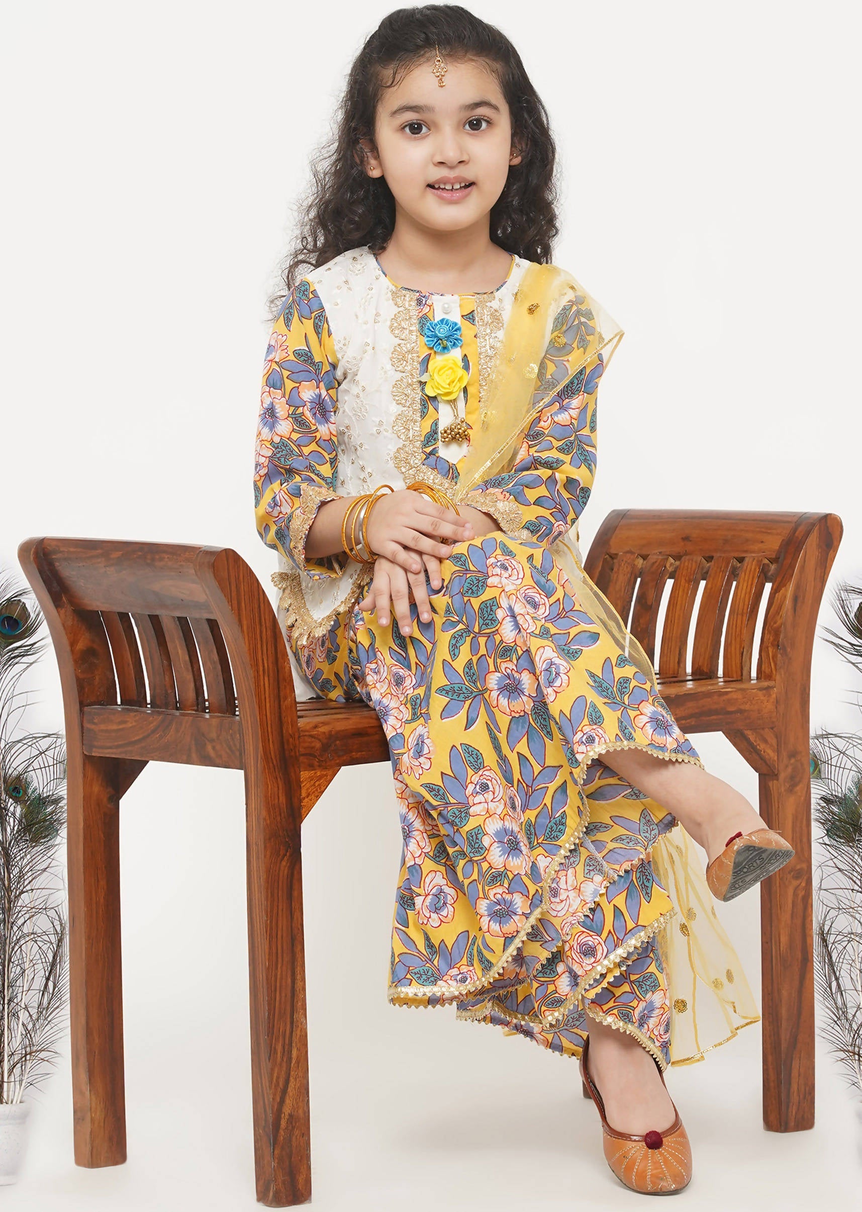 Little Bansi Girls Cotton Embroidery Kurta with Floral Sharara & Dupatta - White & Yellow