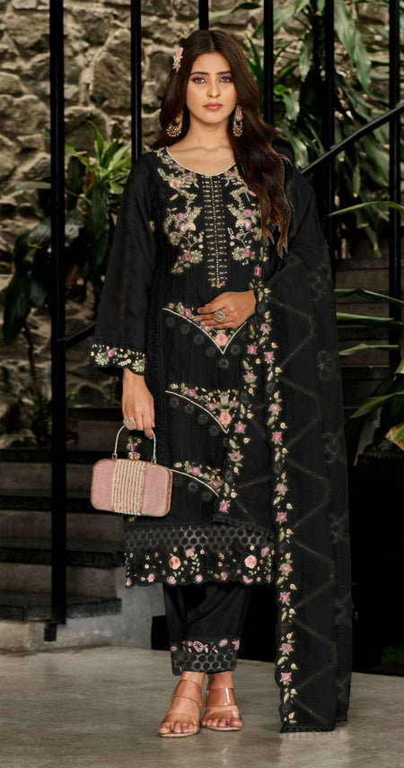 Anaita Black Fox Georgette Stitched Suit with Embroidery Sequins & Khatli Work