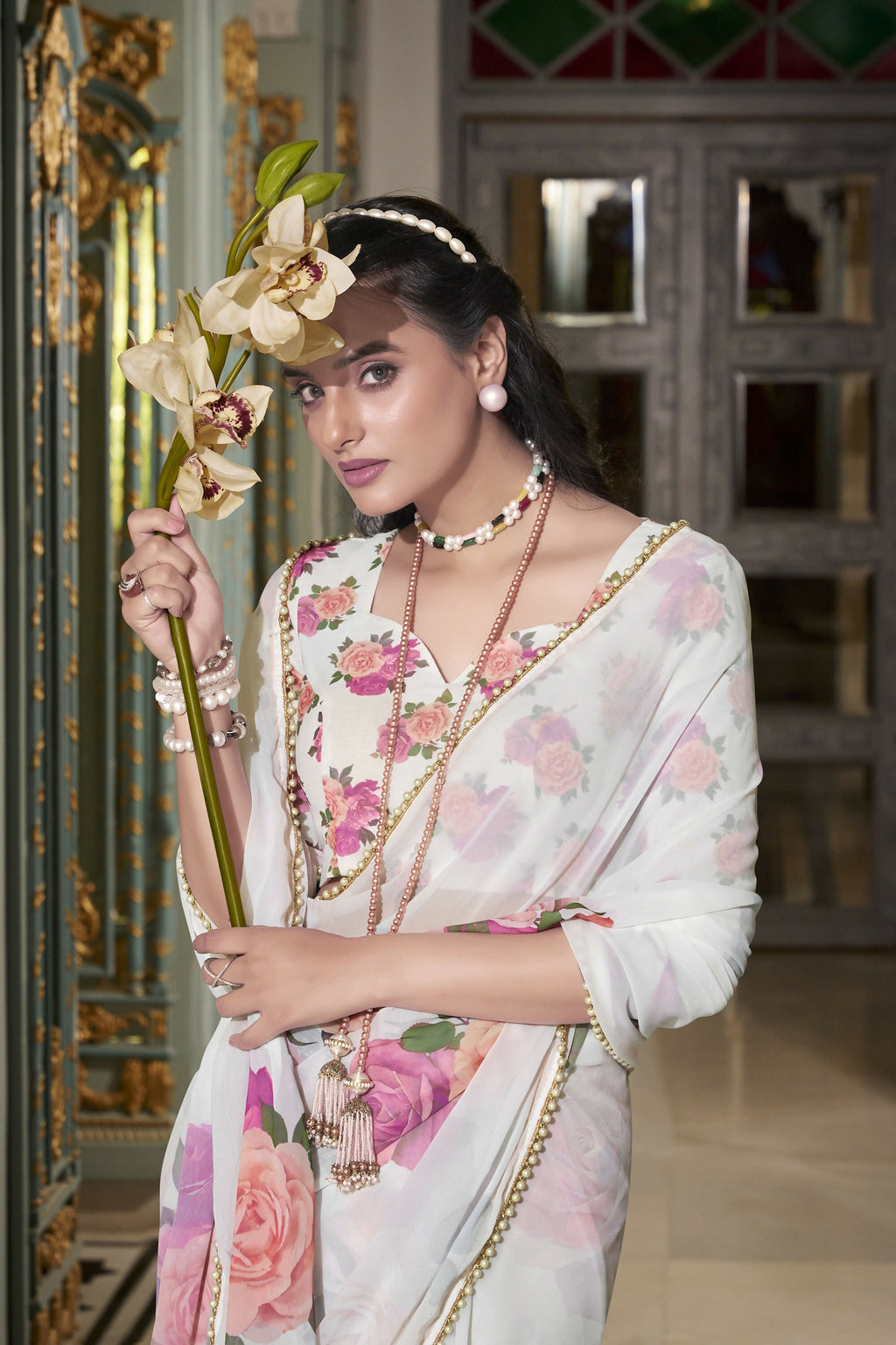 Vastranavya White Spectacular Georgette Printed with Pearl Lace Saree with Unstitched Blouse - Distacart
