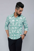 Miravan Men's Cotton Green Floral Printed Slim Fit Shirt