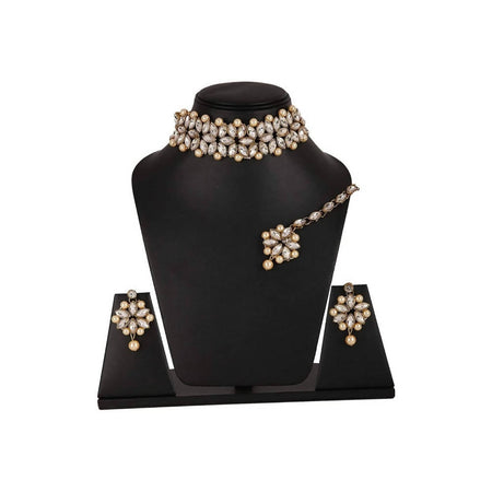 Mominos Fashion Trendy Gold-Polished with Stone & Pearls Necklace Set