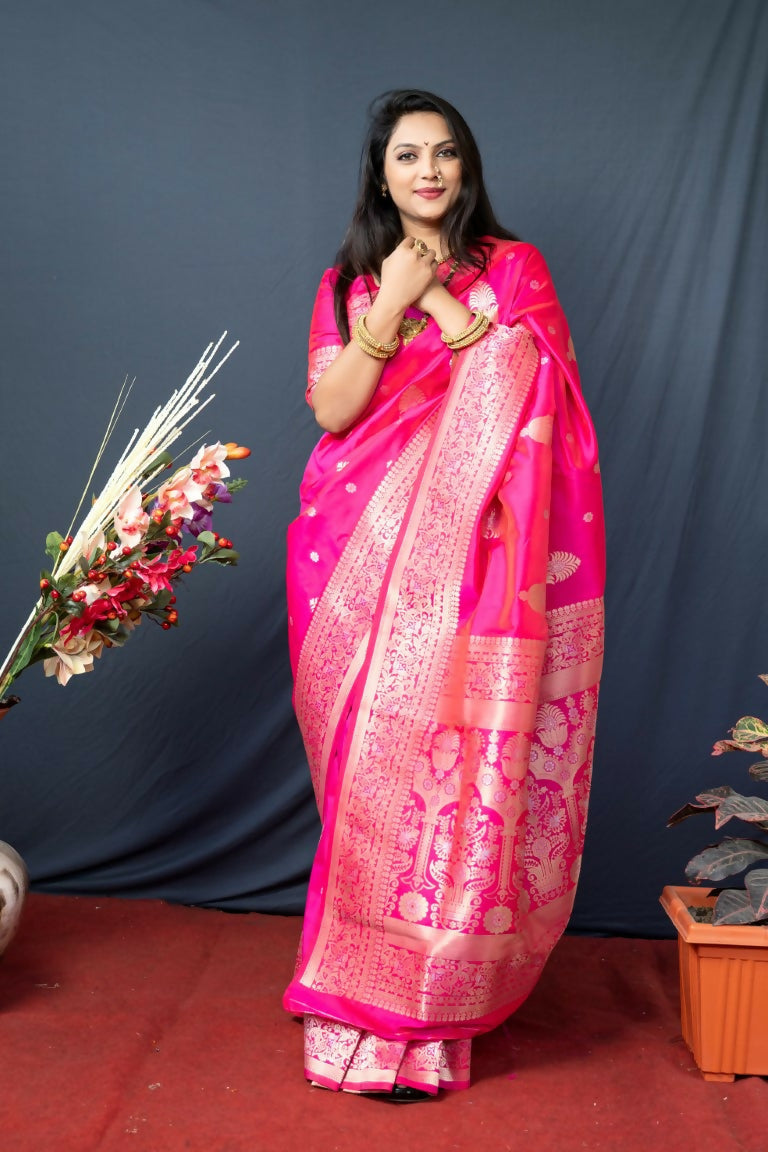 Jyoti Fashion Women's Pink Paithani Silk Zari Woven Saree with Blouse - Distacart