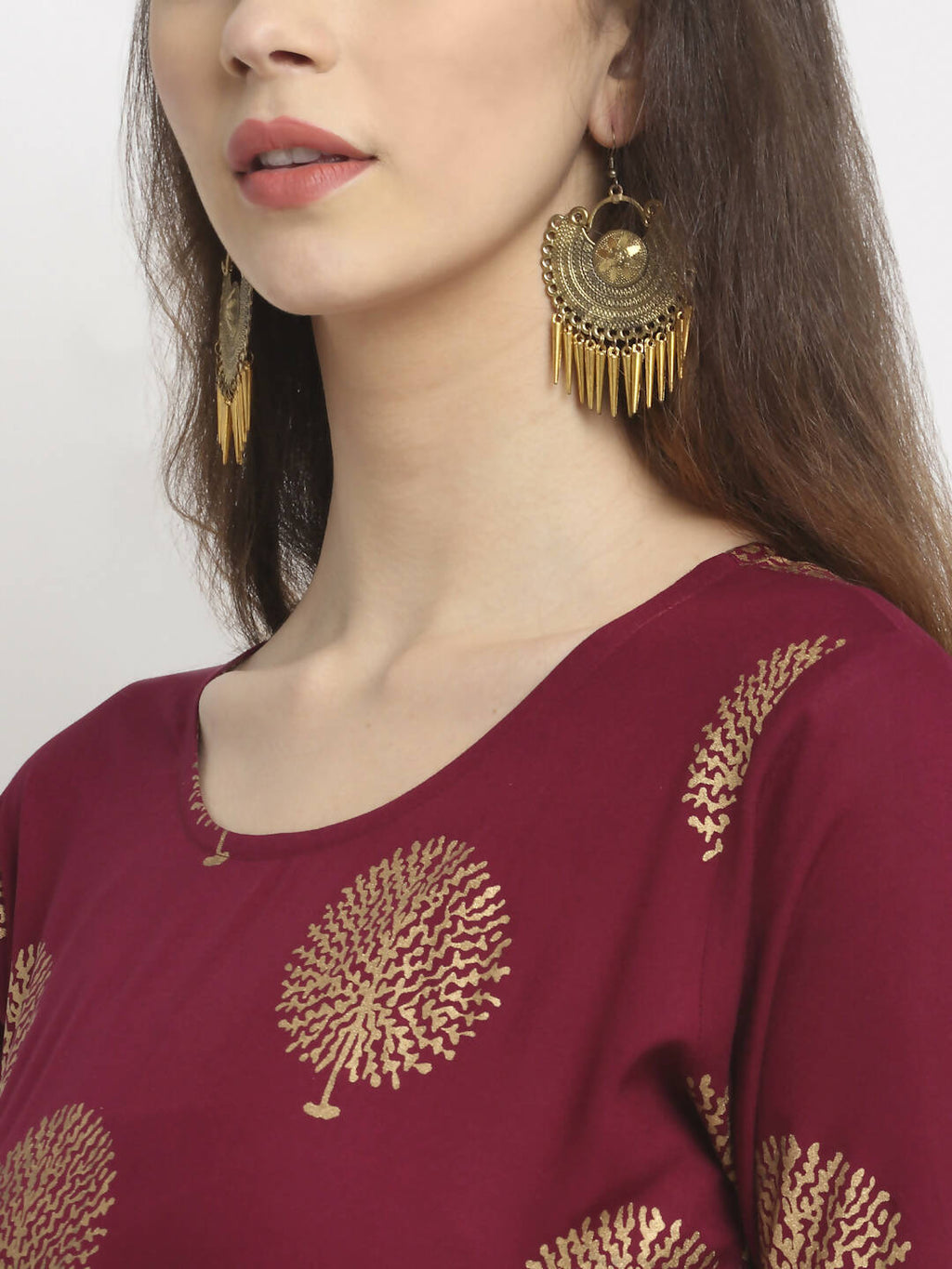 Rudra Bazaar Gold Boota Printed Wine Kurti - Distacart
