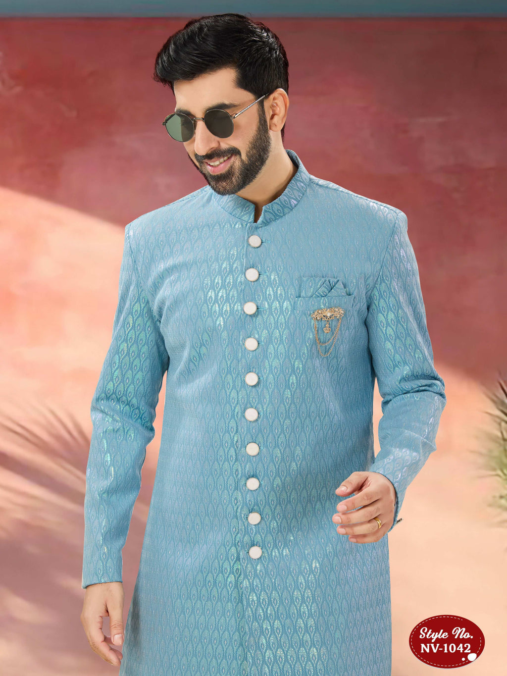 Joban Fashion Men's Blue Straight Imported Armani Thread And Sequence Embroidary All Over Indo-Western Kurta Set
