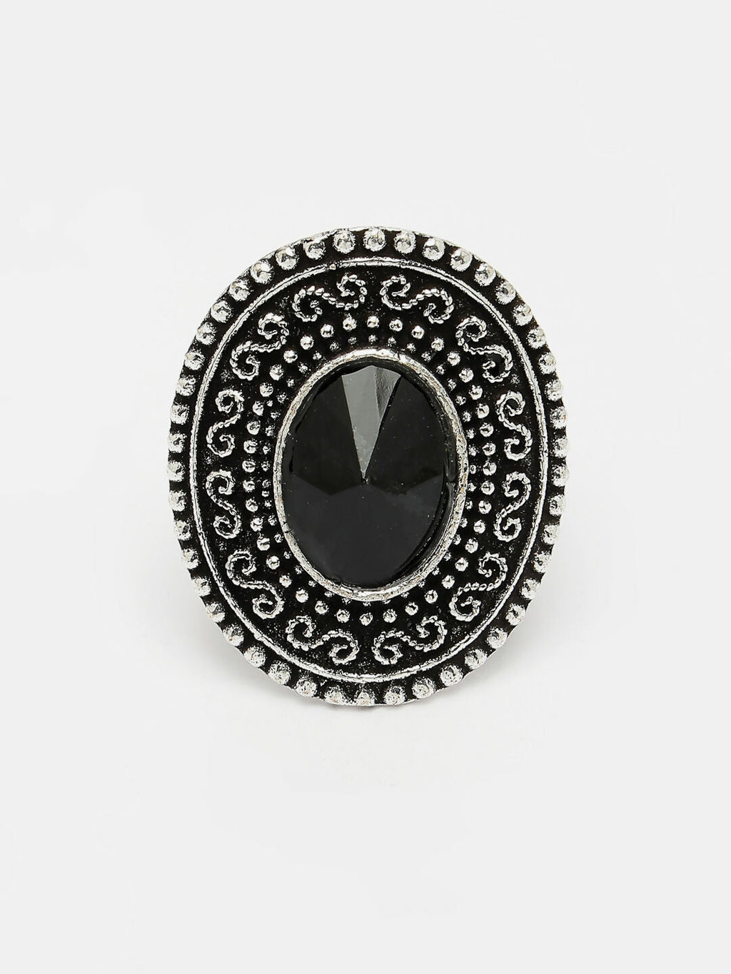 NVR Women's Black Silver-Toned German Silver Adjustable Finger Ring