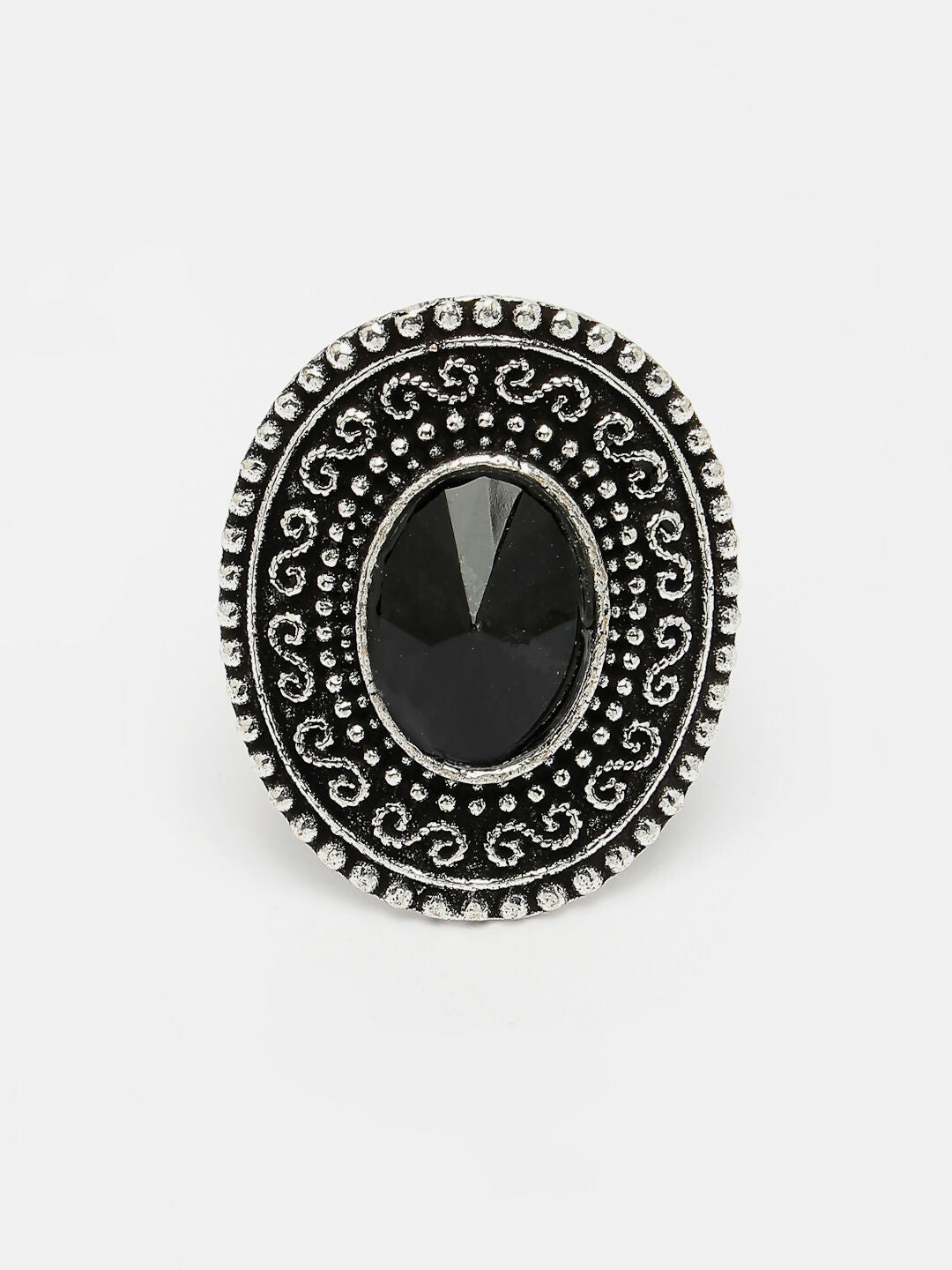 NVR Women's Black Silver-Toned German Silver Adjustable Finger Ring