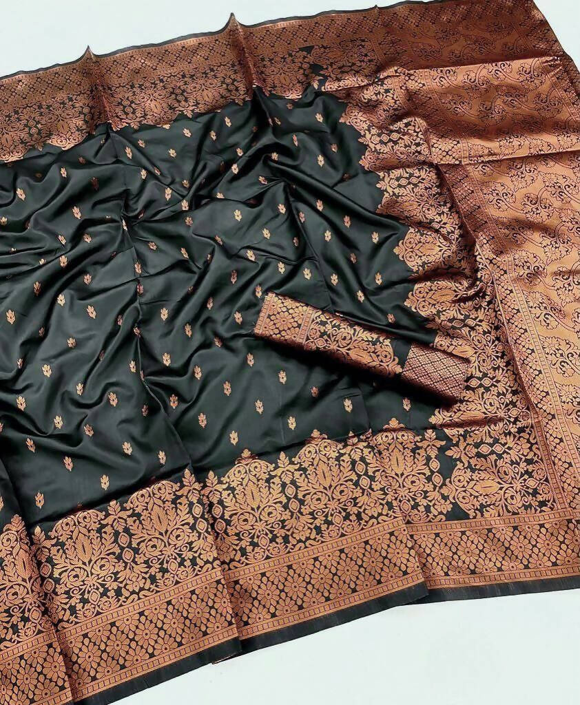 DEIANA'S Beautiful Designer Golden zari Soft Lichi Silk Saree - Black