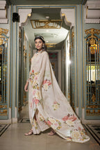 Vastranavya Off White Spectacular Georgette Printed with Pearl Lace Saree with Unstitched Blouse - Distacart
