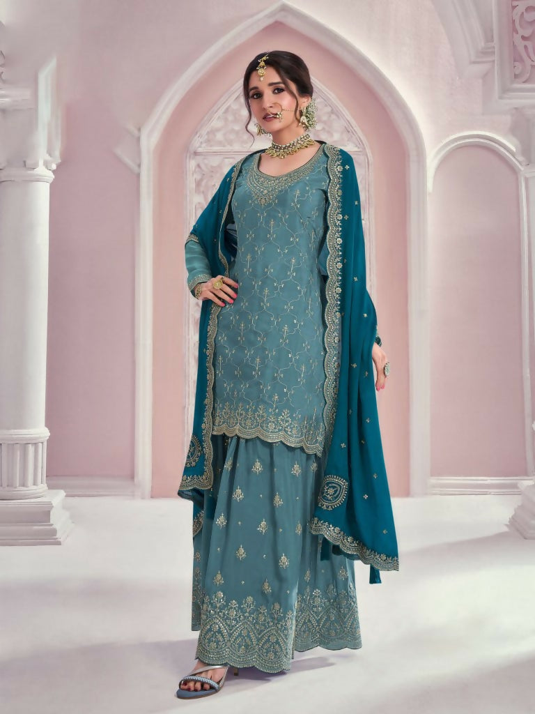 Vastranavya Exquisite Teal Heavy Chinon with Embroidered & Sequins Work Salwar Suits