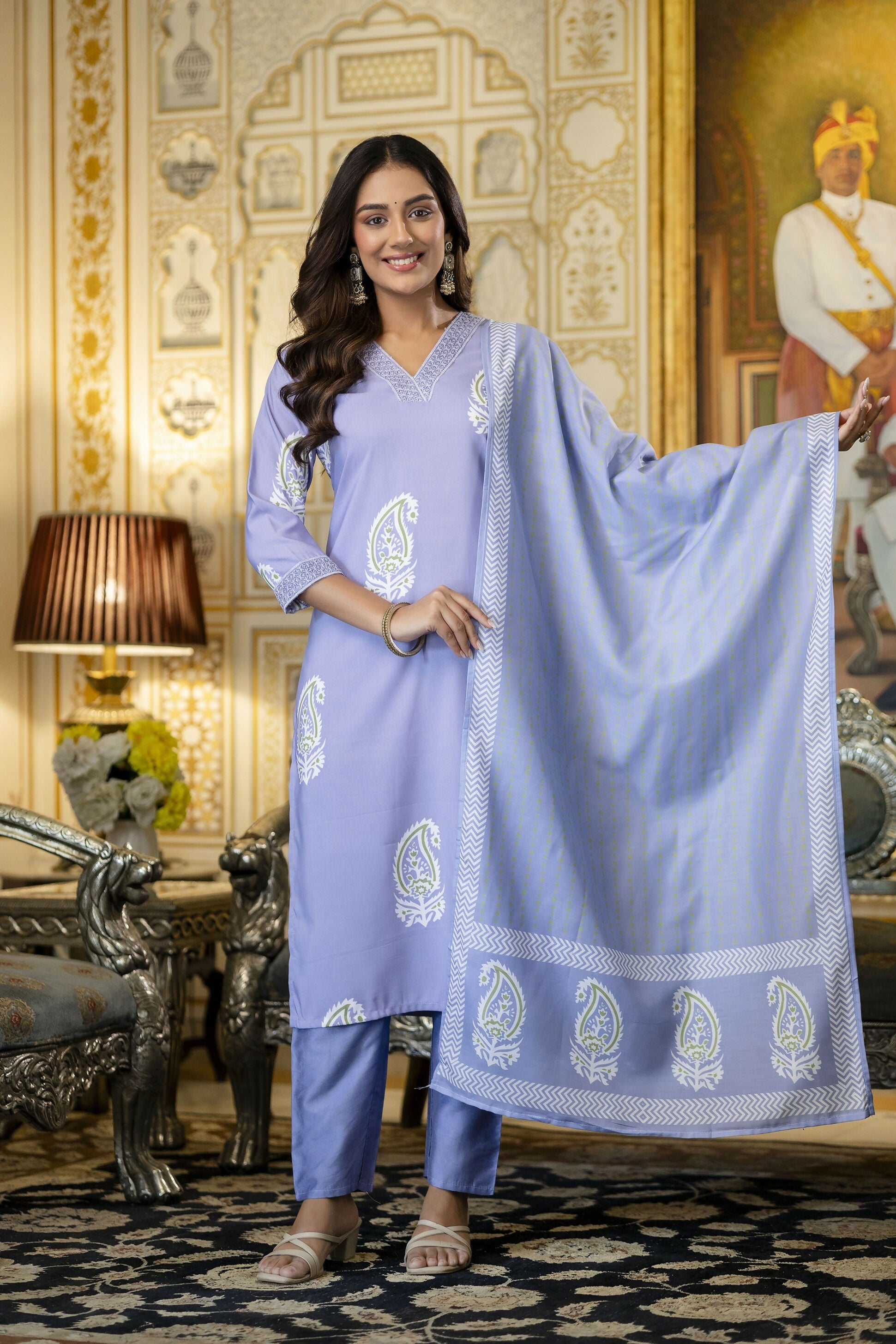 The52 Women's Beautiful Rayon Fabric Printed Work Straight Kurta Pant and Dupatta Set - Distacart