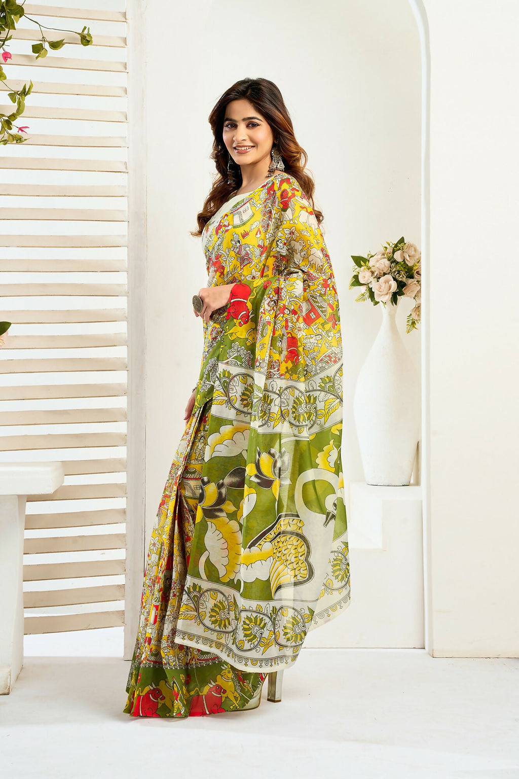 Vastranavya Yellow Digital Printed Linen Ready To Wear Designer Saree with Unstitched Blouse - Distacart