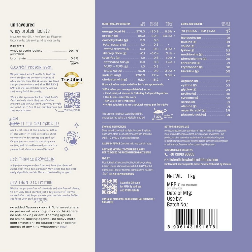 The Whole Truth Whey Protein Isolate Unflavoured - Distacart