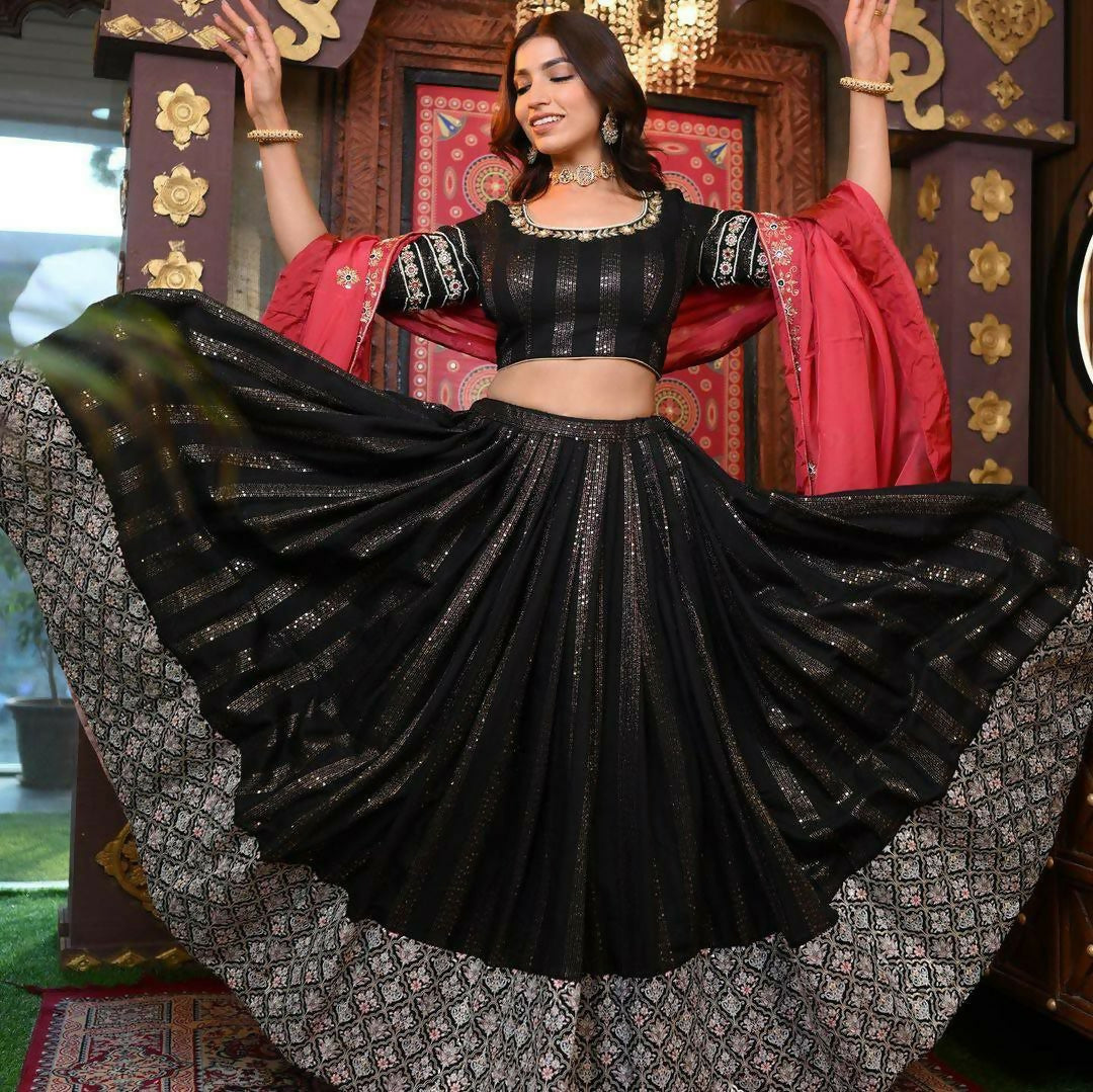 Jyoti Fashion Women's Black Faux Georgette 5MM Sequins with Zari Embroidered Designer Lehenga Choli Set