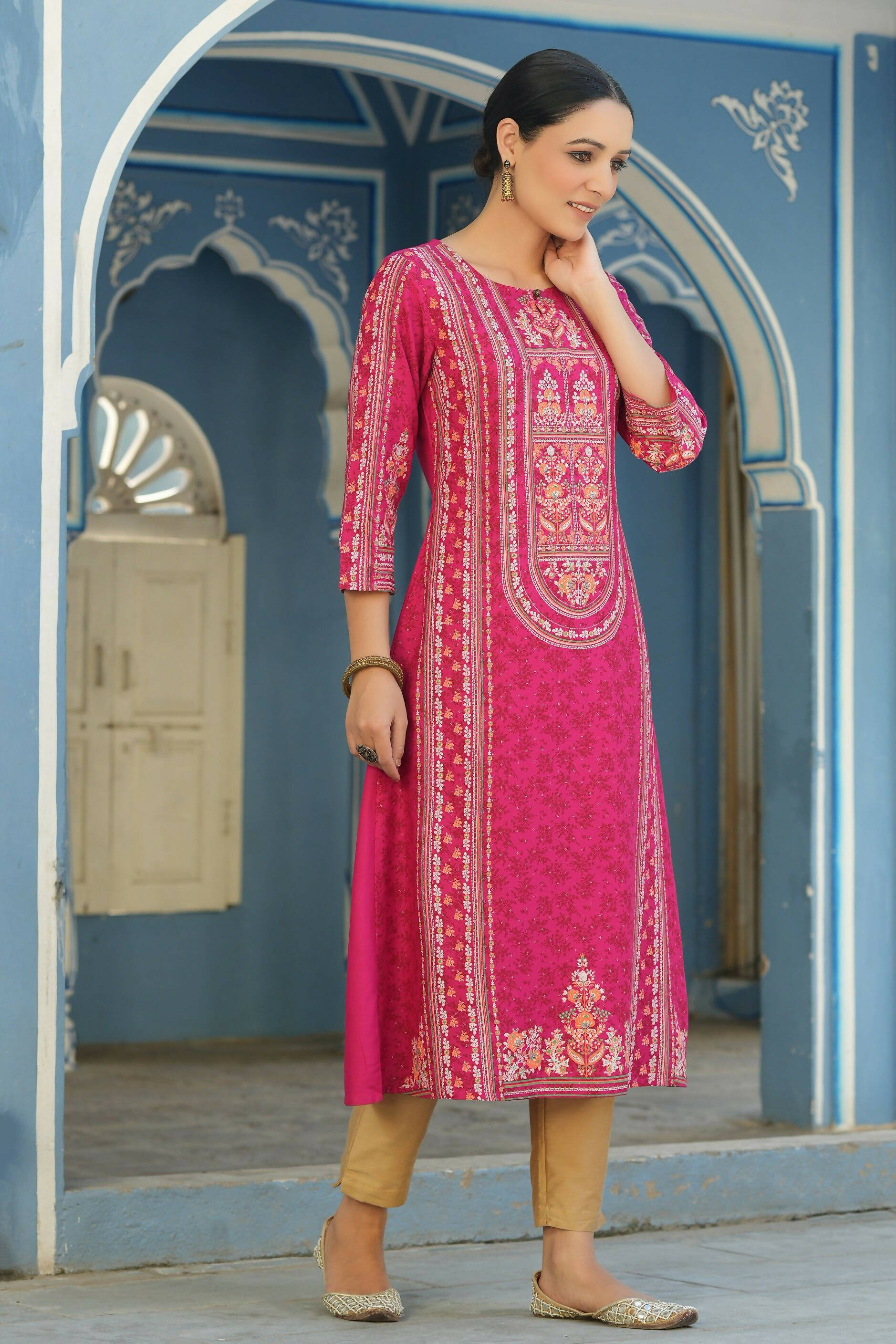 Juniper Women's Fuchsia Rayon Staple Placement Printed A-Line Kurta - Distacart