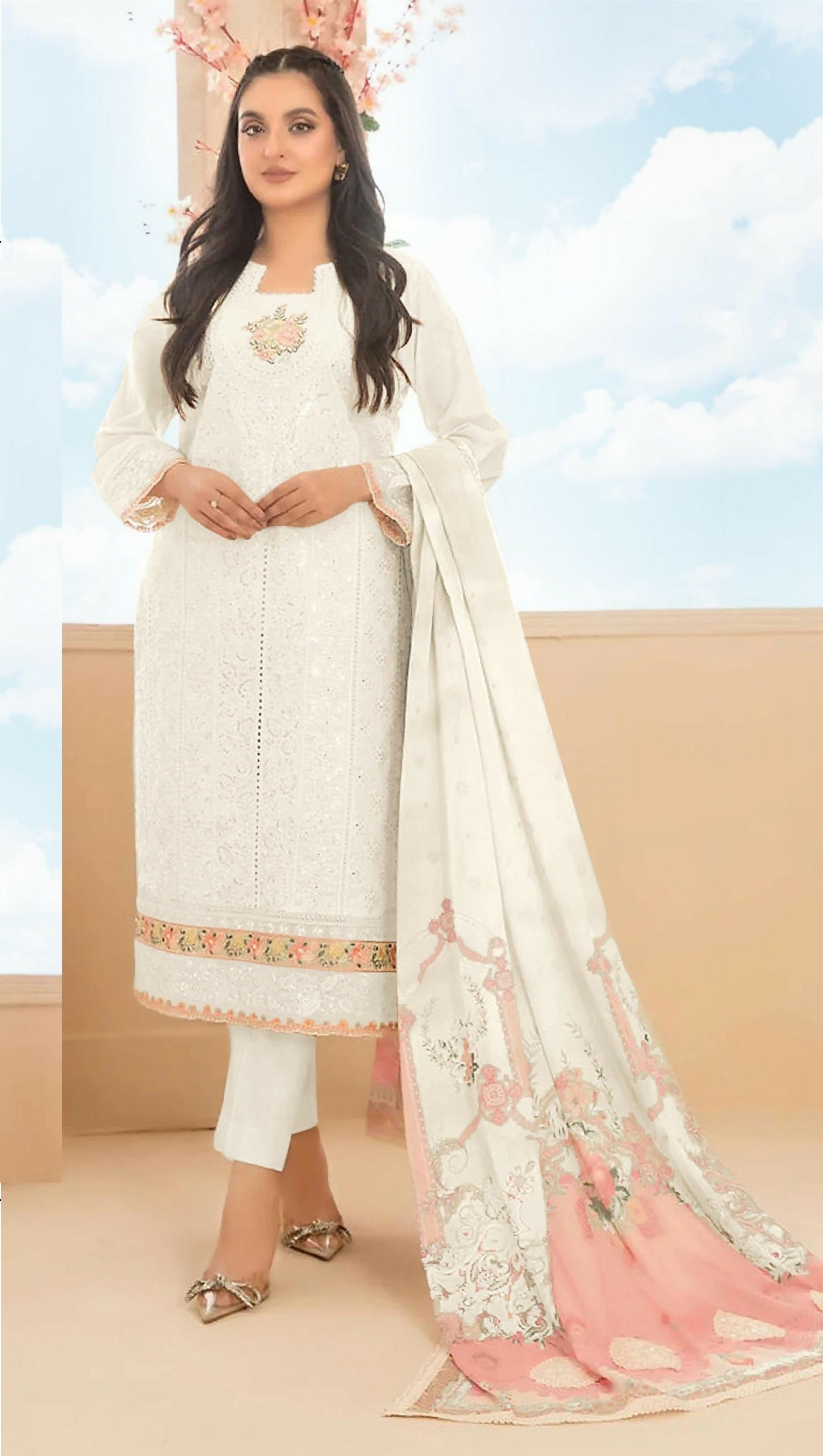 Anaita White Cambric Cotton Stitched Suit with Embroidery & Sequence Work - Distacart
