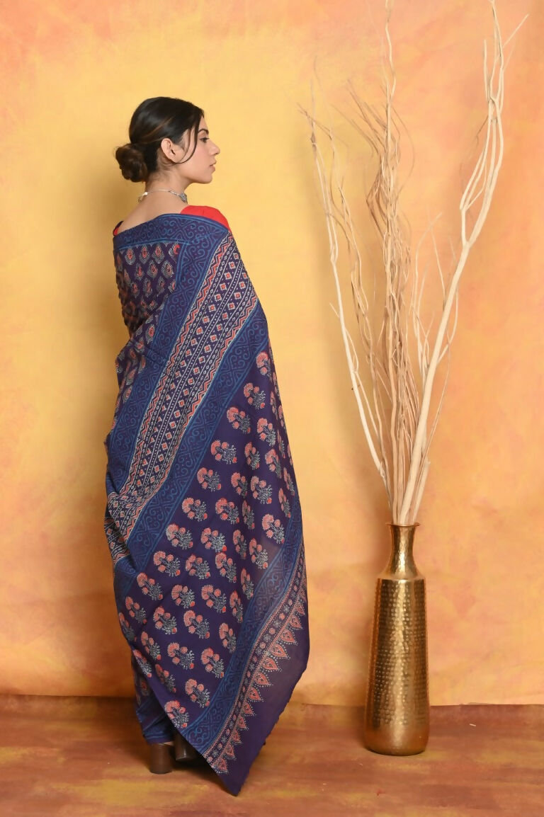 Very Much Indian Handblock Printed Cotton Saree With Natural Dyes - Blue - Distacart