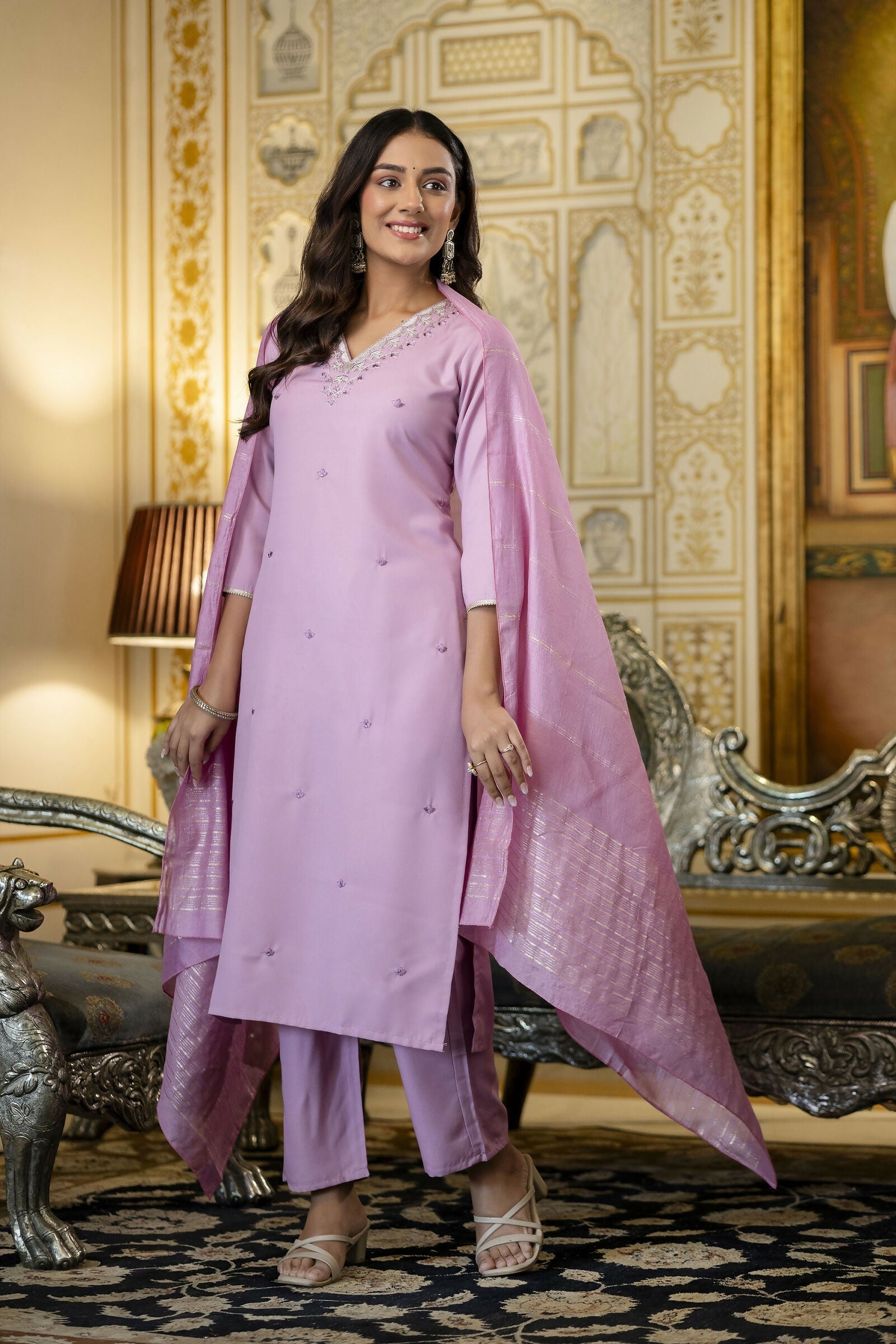The52 Women's Beautiful Embroidery Work Viscose Rayon Fabric Straight Kurta Pant and Dupatta Set - Distacart