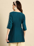 Women's Teal Viscose blend Embroidered Short Top - Marina