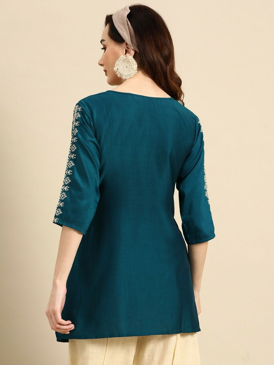 Women's Teal Viscose blend Embroidered Short Top - Marina