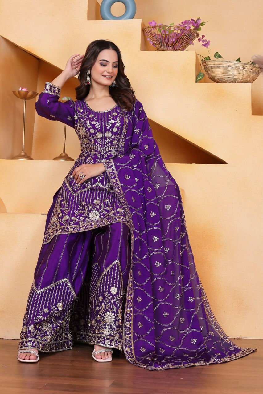 Teeya Creation Purple Color Chinon Silk Embroidery Work Wedding Wear Palazzo Set - Distacart