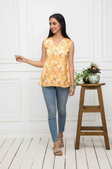 Myshka Women Mustard Floral V-Neck No Sleeves Polyester Top