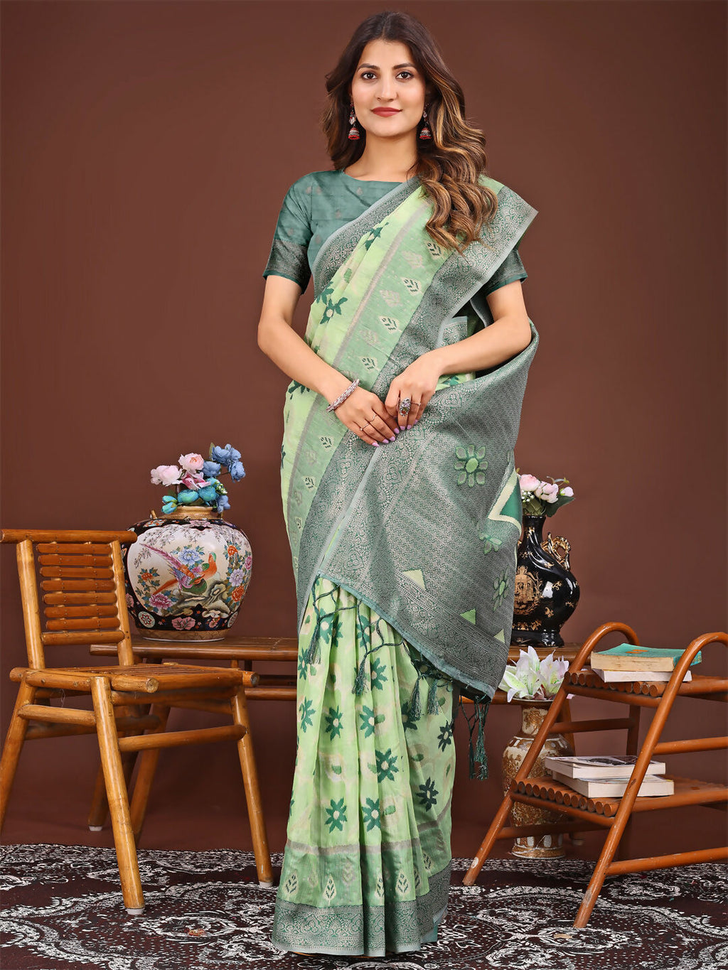 Shree Shyam Fashion Sajni Light Green Linen Cotton Saree