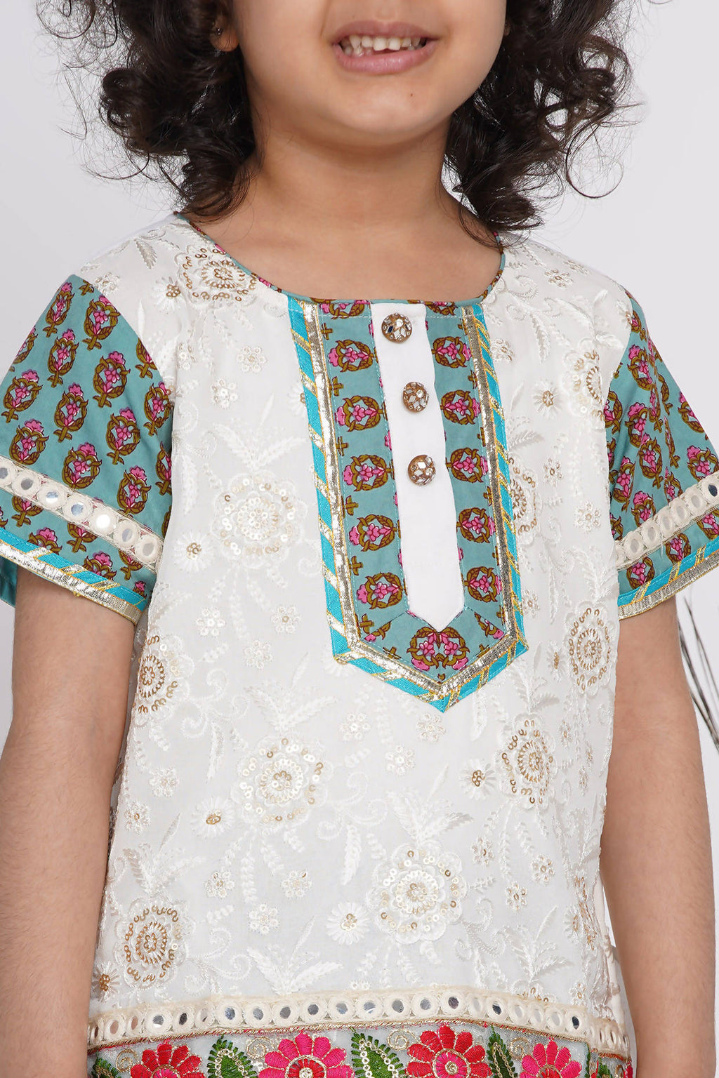 Little Bansi Girls Cotton Embroidery Kurta With Lehenga & Tussel - White & Multicolor