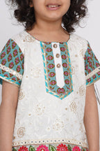 Little Bansi Girls Cotton Embroidery Kurta With Lehenga & Tussel - White & Multicolor