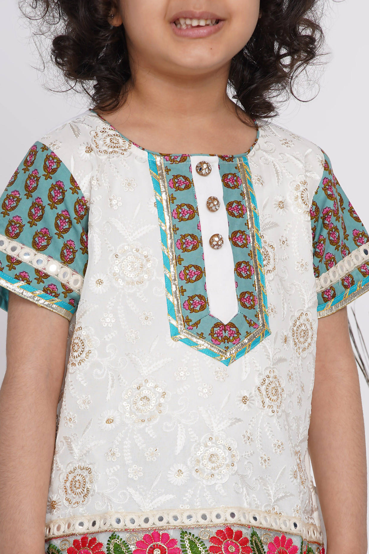 Little Bansi Girls Cotton Embroidery Kurta With Lehenga & Tussel - White & Multicolor